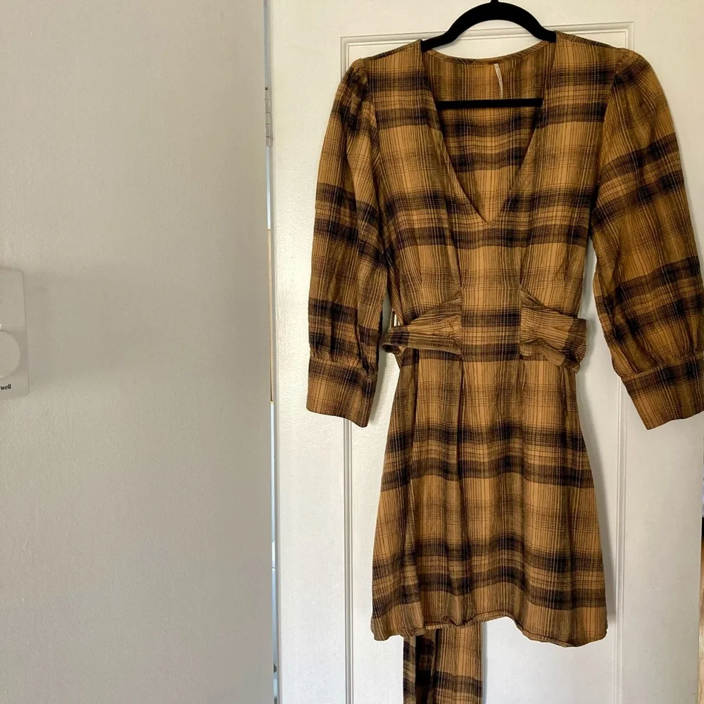 Free People English Rose Plaid Linen Blend Mini Dress Women's Size 0/UK4